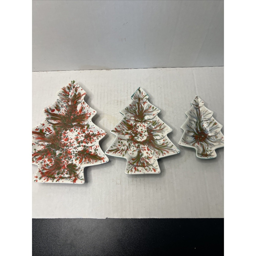 Vtg. 3 PCs Nesting Ceramic Splatter Speckle Christmas Tree Candy Trinket Dishes - Picture 2 of 8